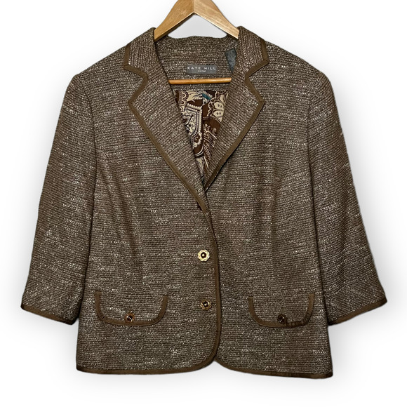 Kate Hill Jackets & Blazers - Kate Hill Women's Tan Tweed 3/4 Sleeve Blazer With Metallic Silver Thread Sz 18W